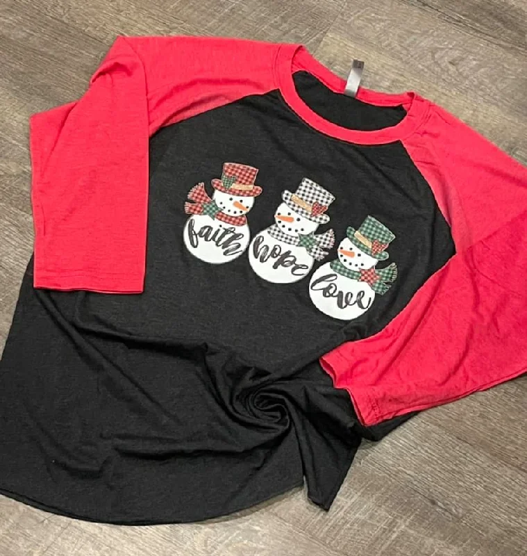 Custom Vinyl ""Faith Hope Love"" Snowman Raglan Shirt