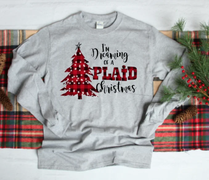 Custom Sublimation ""I'm Dreaming of a Plaid Christmas"" Long Sleeve Shirt